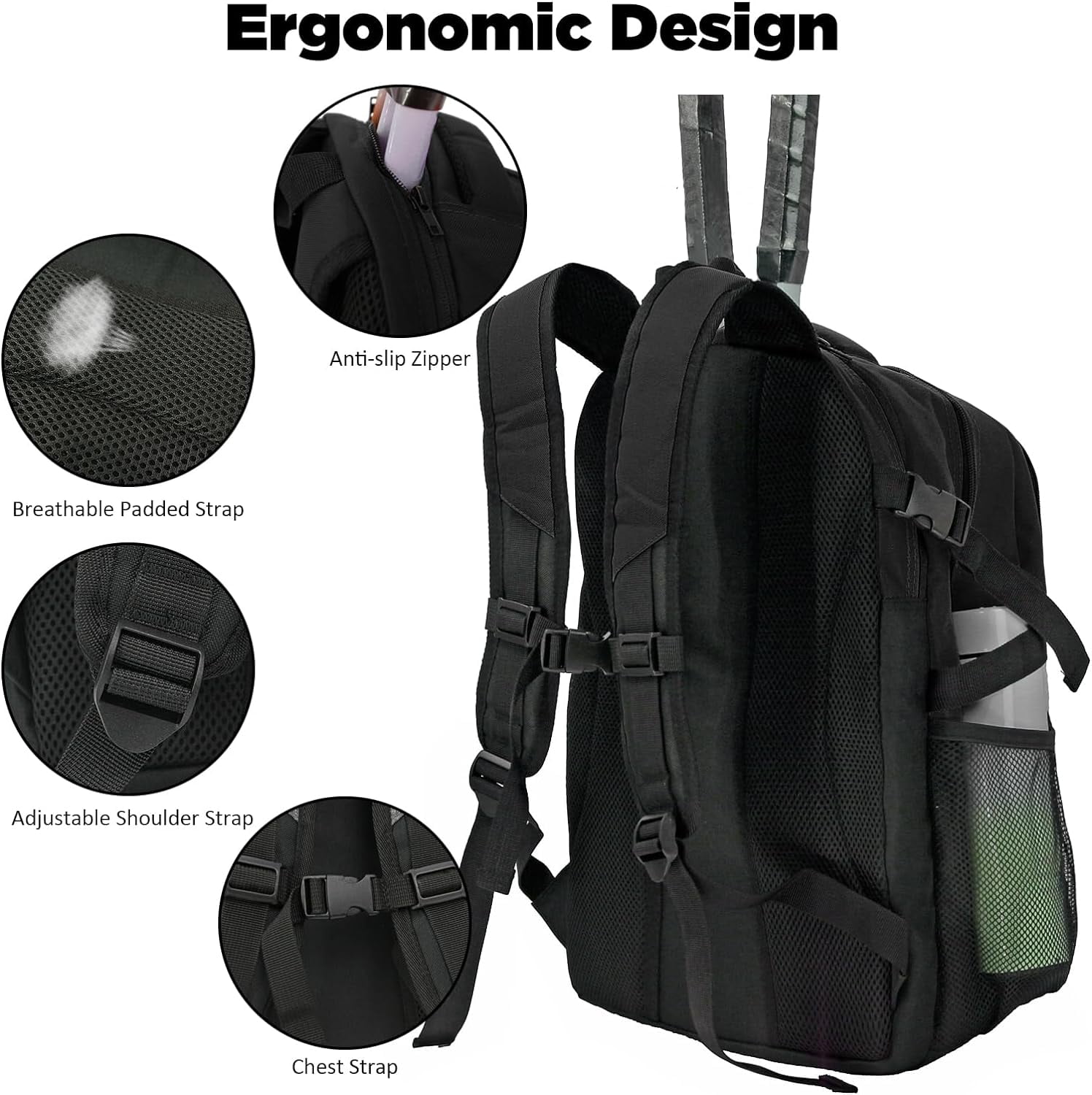 WOLT Tennis Racquet Sports Backpack Bag, 34L Capacity, Polyester with Ventilated Shoe Compartment, Black