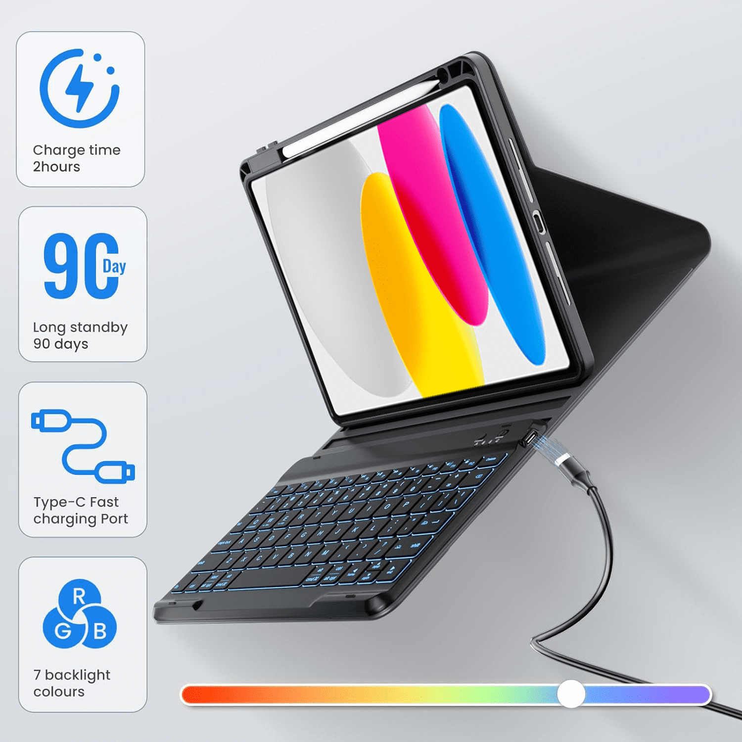 Vinci iPad (A16) 11th 10th Generation Case with Keyboard, 7-Color Backlit Wireless Detachable Folio Keyboard Cover with Pencil Holder for 11'' iPad A16 2025 10.9 Inch 10th 2022 (Black)