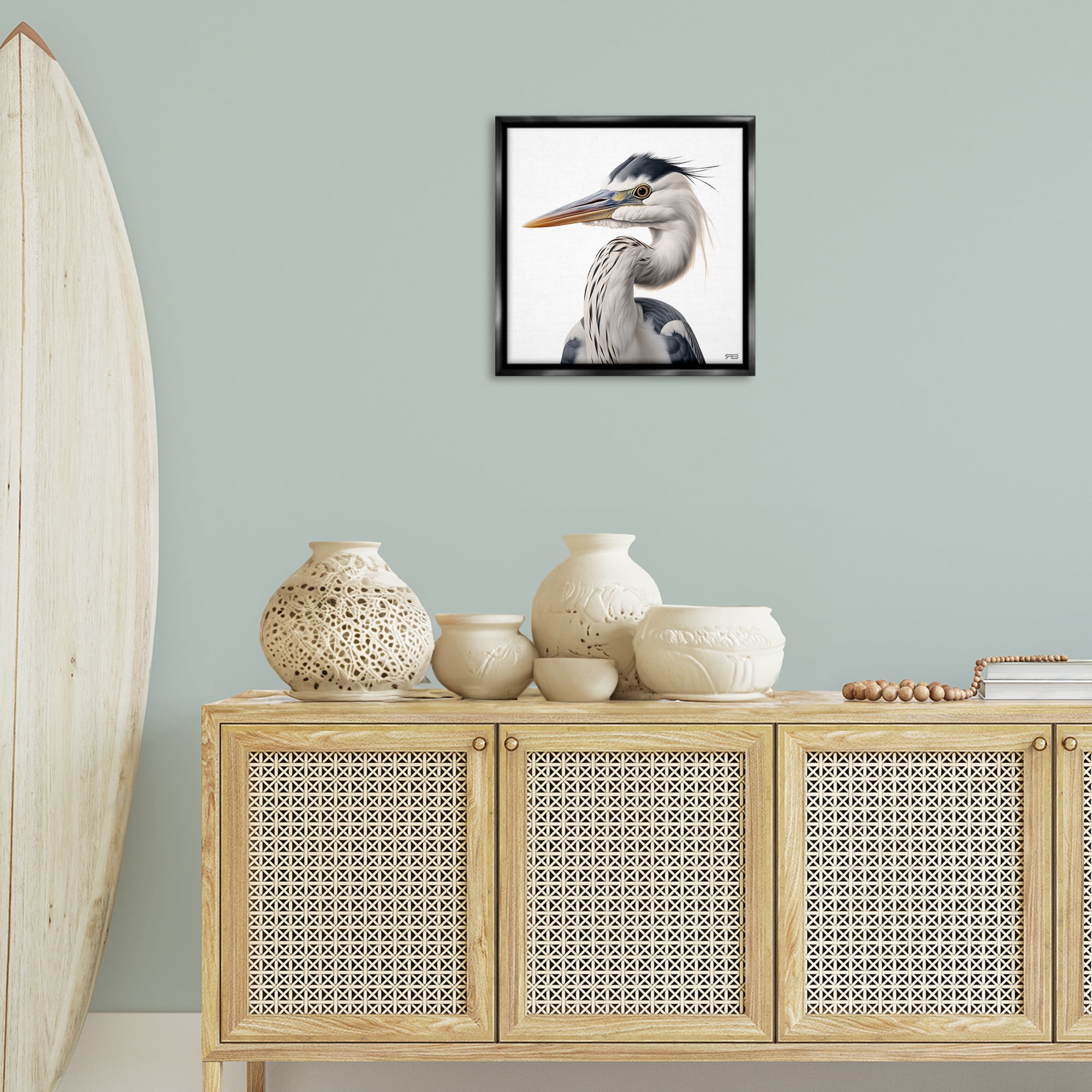 Stupell Industries Stoic Heron Looking Left Animals & Insects Painting Black Floater Framed Canvas Art Print Wall Art, 18 x 18