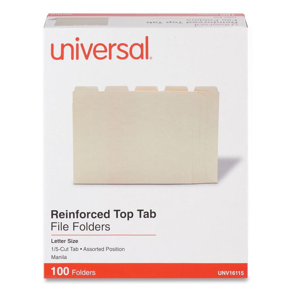 Universal UNV16115 2-Ply 1/5-Cut Assorted Top Tab File Folders - Letter Size, Manila (100/Box)