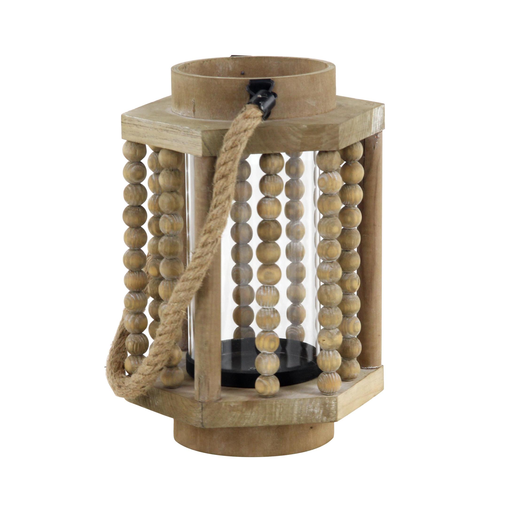 DecMode Beige Reclaimed Wood Beaded Decorative Candle Lantern