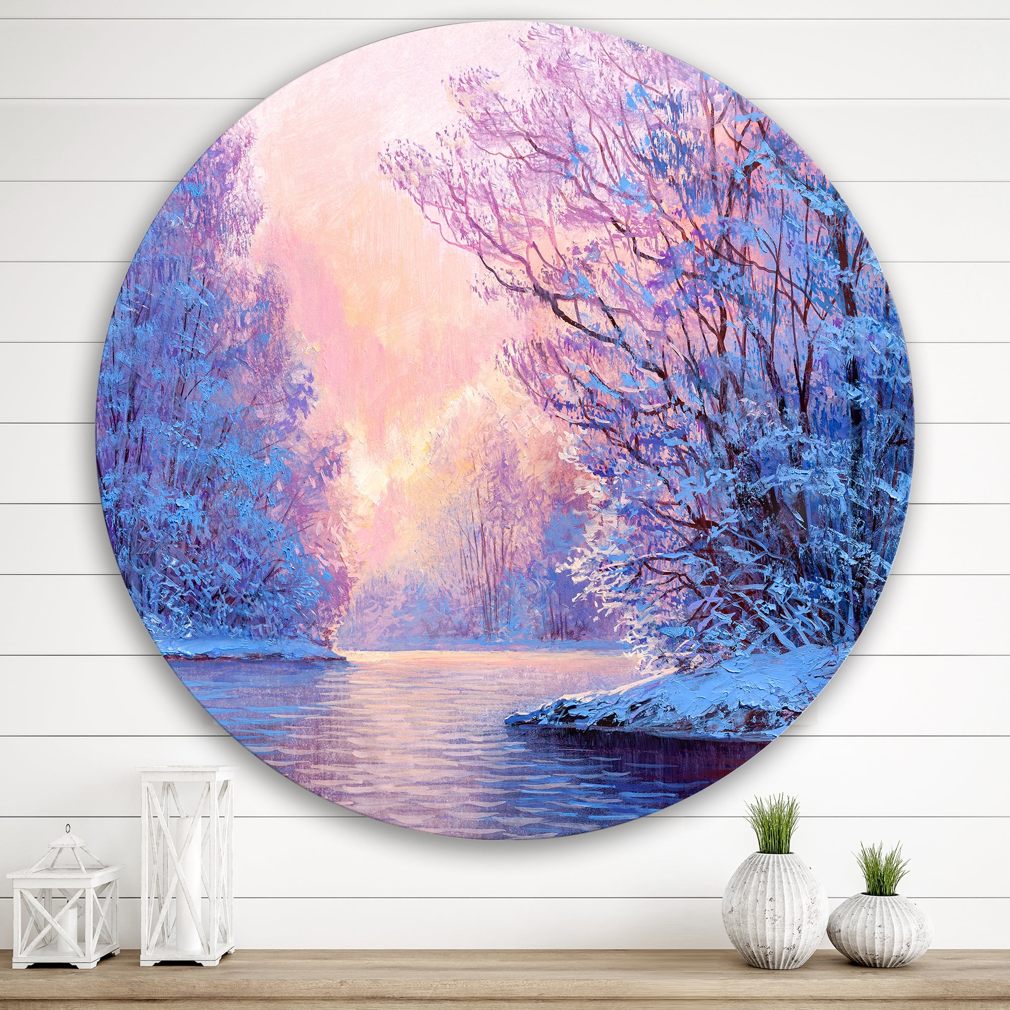 Designart 'The River Original With Winter Landscape' Lake House Circle Metal Wall Art 36x36 - Disc of 36