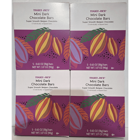 Trader Joe's Mini Dark Chocolate Bars Super Smooth Belgian Chocolate 3.17oz 90g (4 Boxes)