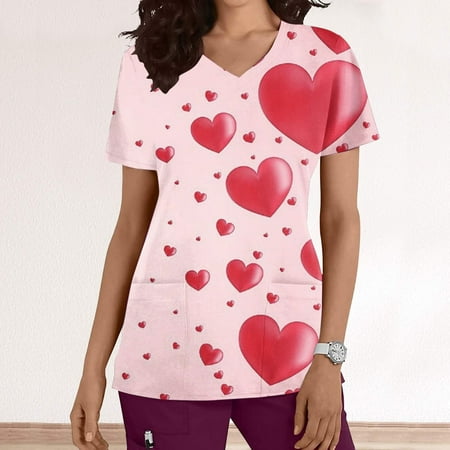 

QAZXD Womens Tops Women s Fashion V-neck Short Sleeve Scrub Tops With Pockets Printed Tops