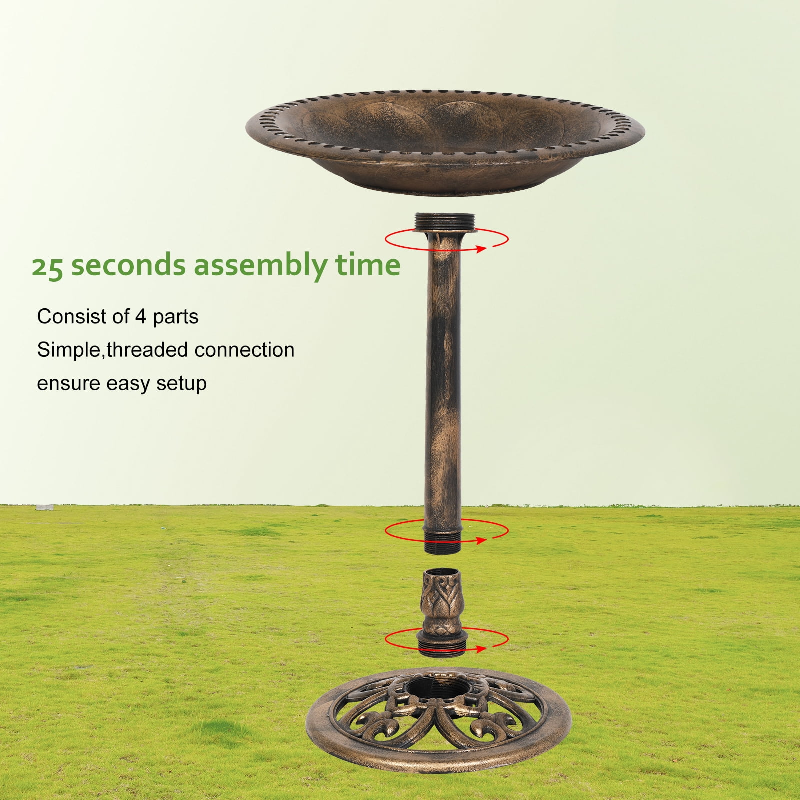 VINGLI Pedestal Bird Bath 28 Inch Antique Copper Resin Birdbaths Vintage Garden Decor for Outdoor Lightweight