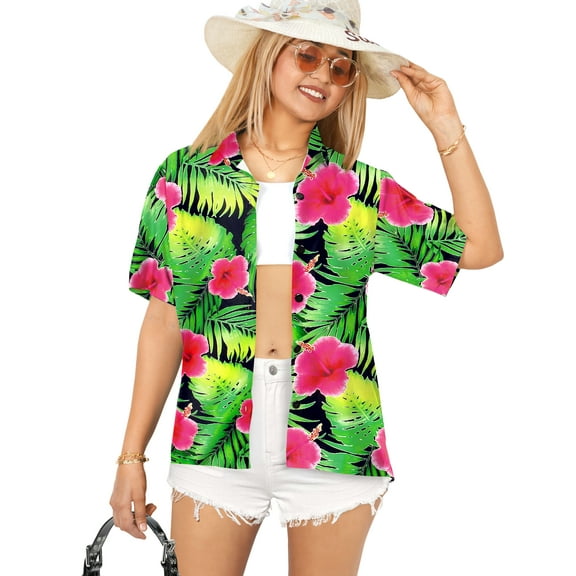 HAPPY BAY Women's Beach Button Down Summer Hawaiian Shirts For Women's Short Sleeve Holidays Blouses Elegant Shirts For Women M Pink, Grass Garden