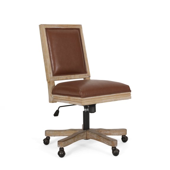 Noble House Printz Wood Upholstered Swivel Office Chair, Cognac Brown and Natural