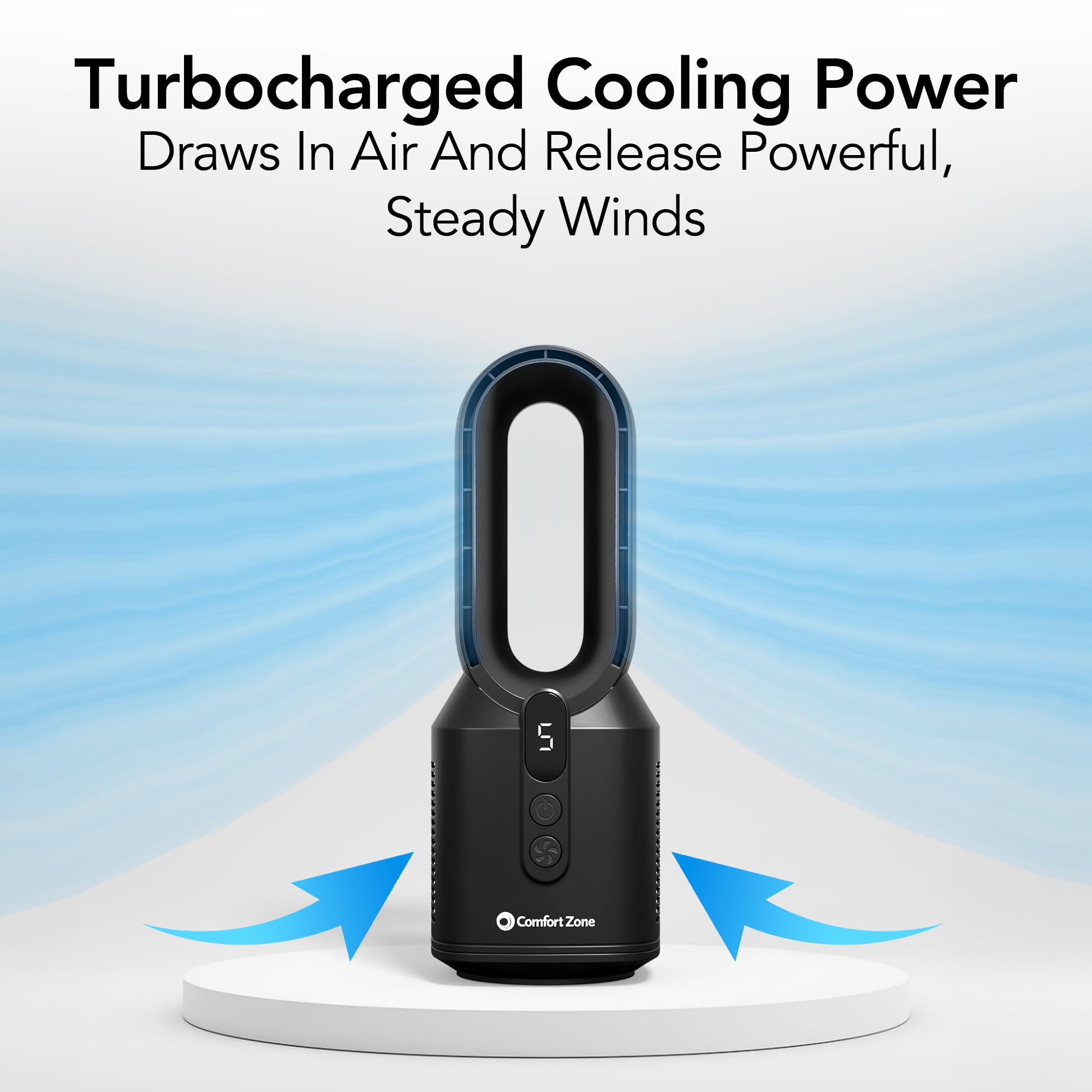 Comfort Zone 14" Rechargeable Bladeless Tabletop Fan, Black