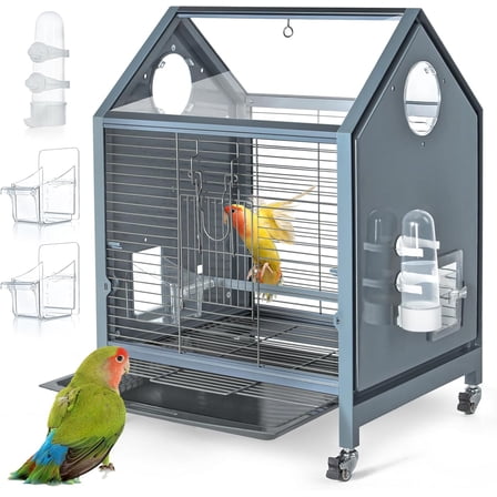 Acrylic Bird Cage, 25 inch Medium Parrot Cage for Parakeet Cockatiel Conure Lovebird, Panoramic View Bird Cage with Water Bottle Bird Feeder Perch Rolling Stand