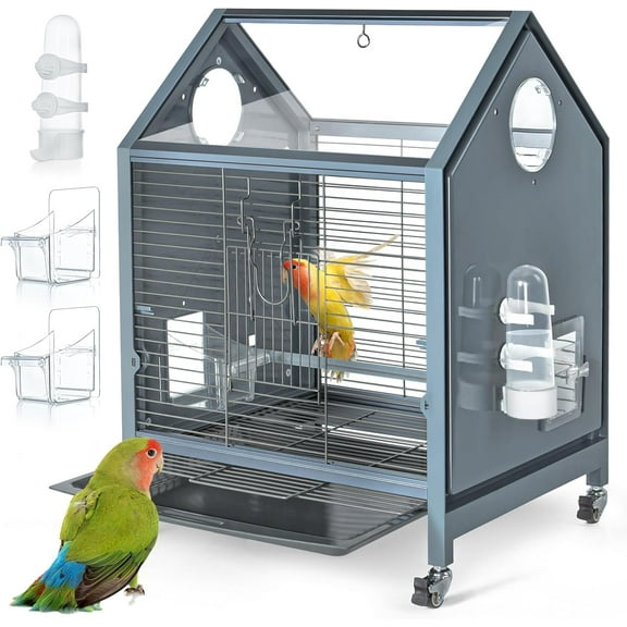 Acrylic Bird Cage, 25 inch Medium Parrot Cage for Parakeet Cockatiel Conure Lovebird, Panoramic View Bird Cage with Water Bottle Bird Feeder Perch Rolling Stand