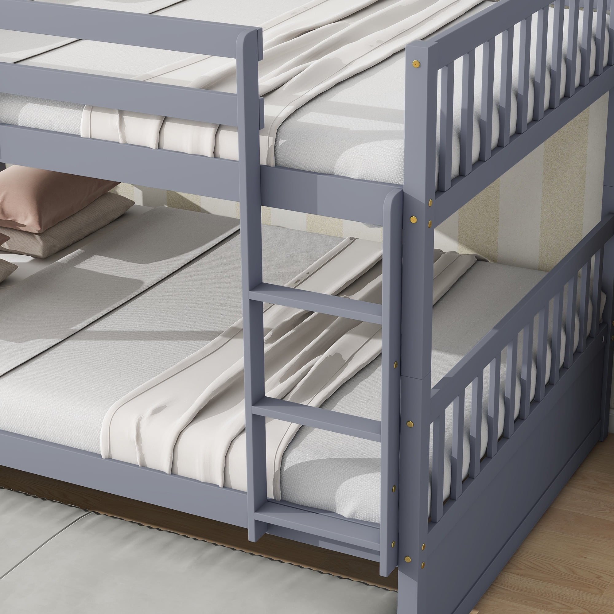 Sailvan Full Over Full Rubber Wood Bunk Bed with Trundle Ladder Guardrails, Convertible to 2 Beds
