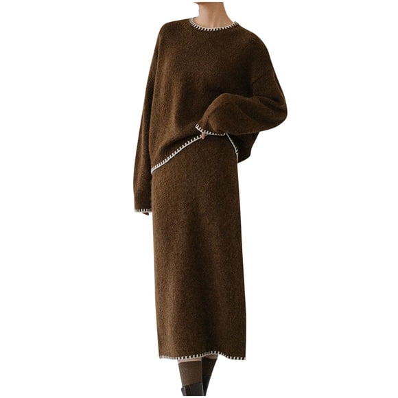 Women's Two Piece Set, Long Sleeve Knit Jumper Dress and Top, Elegant Boho Maxi Dress with Floral Pocket