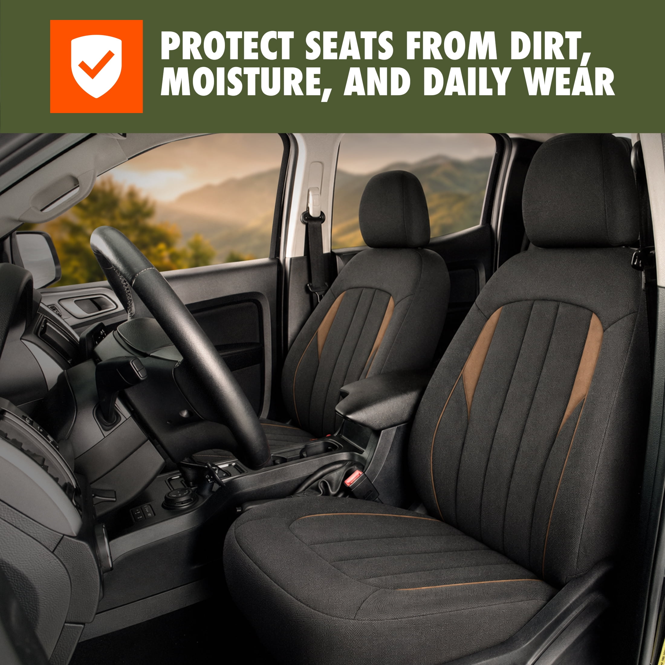 Ozark Trail Seat Covers 2 Pack, Premium Front Seat Faux Suede Fits Truck SUV CUV, Compatible with Attached Armrest, Black Brown