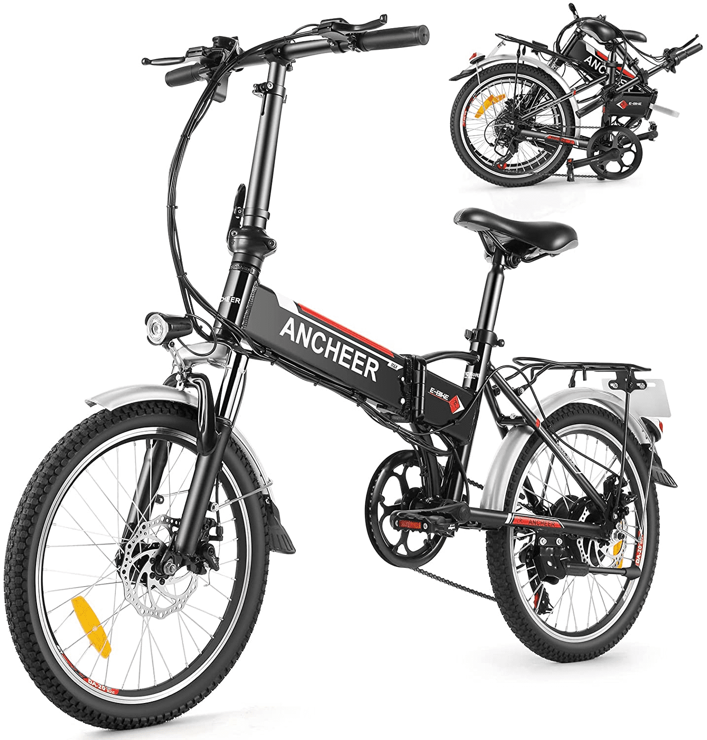 Ancheer Folding Electric Bike 20 In. Aluminum Foldable Electric City Bicycle with Removable Battery 7 Speed-Gears Suit for Adults Black
