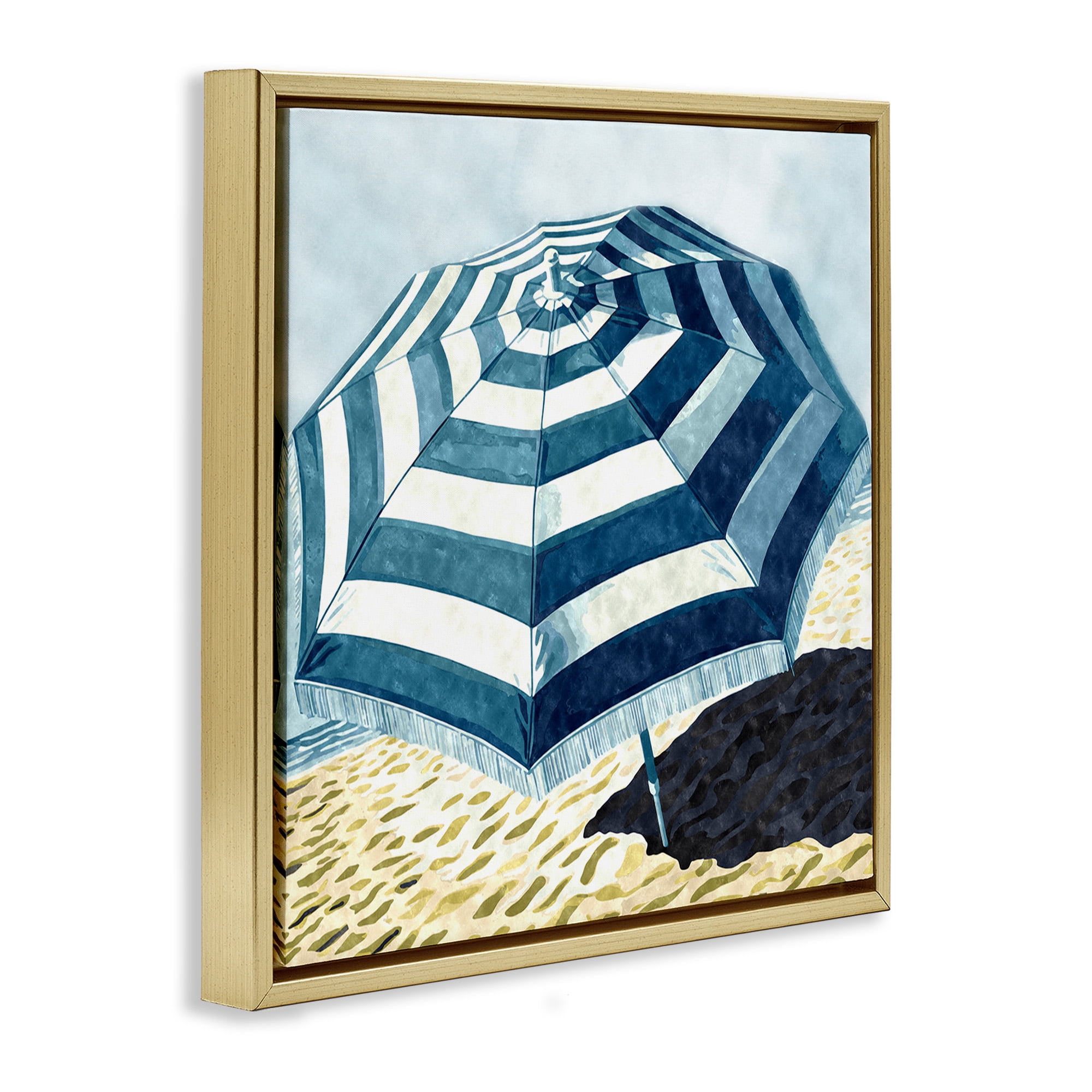 Stupell Industries Striped Beach Umbrella Landscape Painting Gold Floater Framed Canvas Art Print Wall Art, 18 x 18