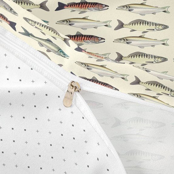 meiyoeat Vintage Pike Fish Bedding for Boys Girls, Retro Hunting Ocean Wildlife Underwater Duvet Cover Full, Beige, Reversible, 3 Pieces, 1 Duvet Cover and 2 Pillowcases