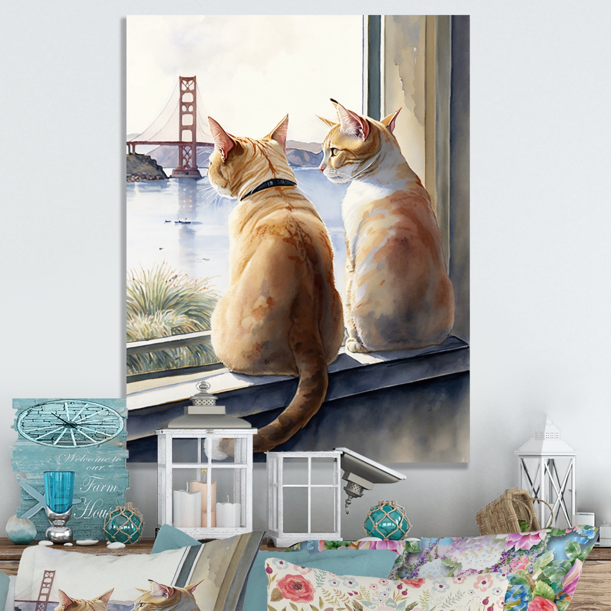 Designart Two Cats Sitting By The Coast II Canvas Wall Art