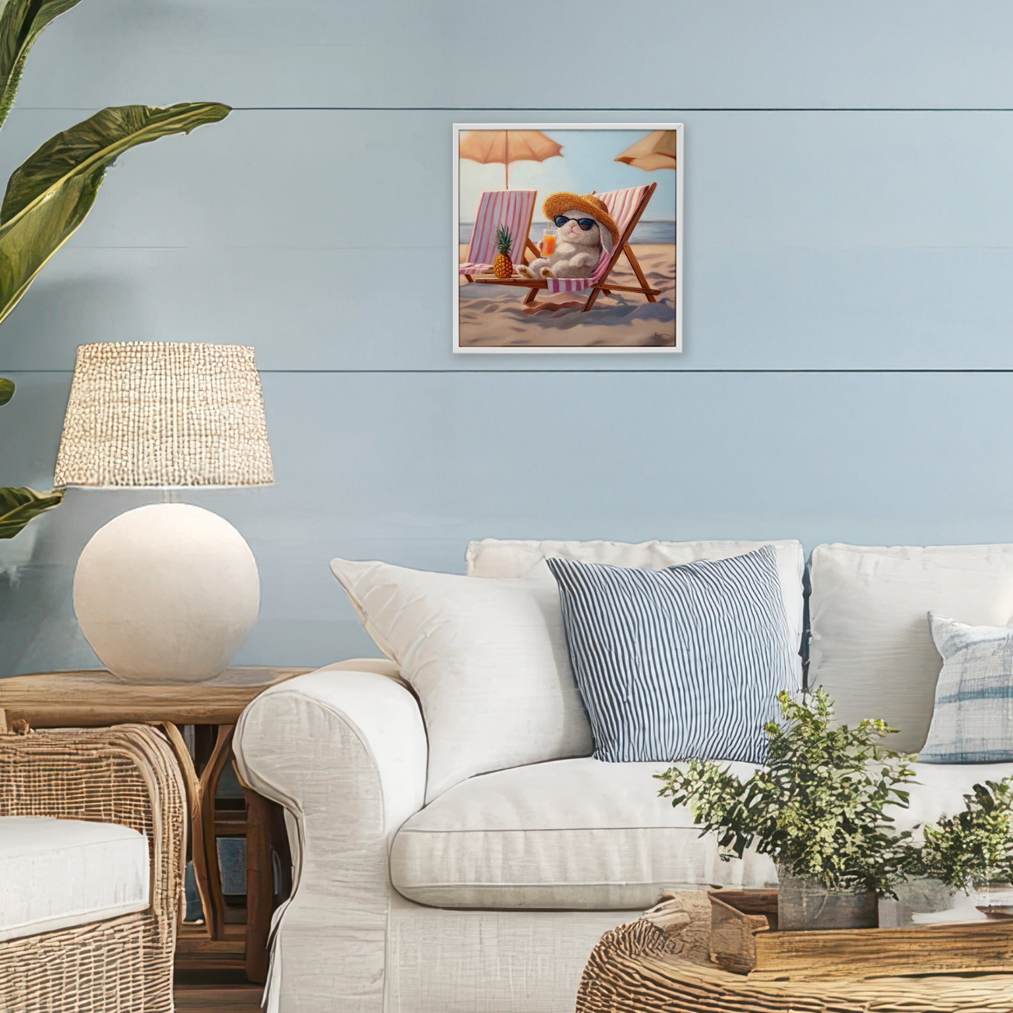 Beach Bun Relaxation White Framed Giclee Art, design by Lucia Heffernan