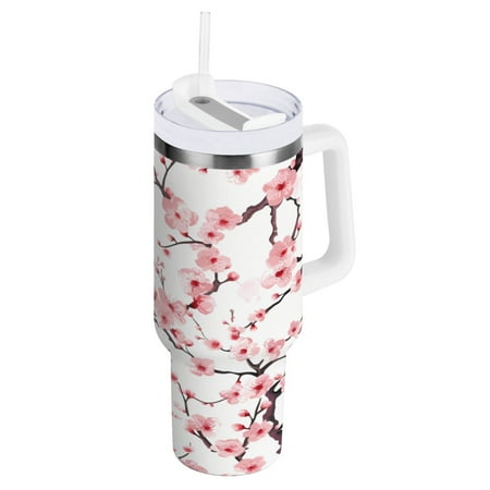 

30 Oz Car Handle Water Cup 9.9x3.5 Inch Stainless Steel Water Cup With Handle Water Cup Car Water Cup Travel Coffee Cup Pink Cherry Blossom