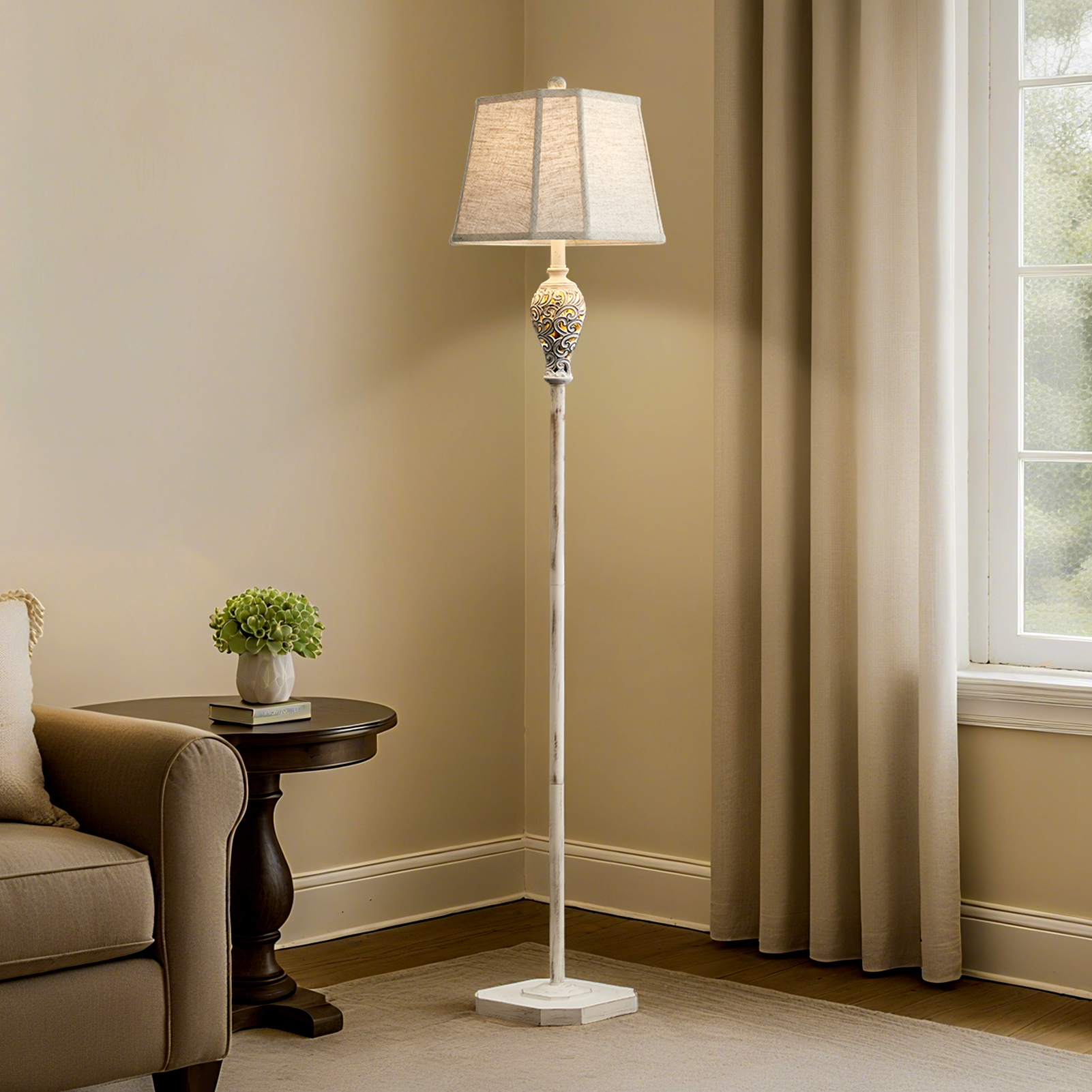 RORIA 65" Living Room Floor Lamp with Night Light, Openwork Resin Vintage Farmhouse Standing Lamp with Octagonal Linen Shade, Suitable for Bedrooms and Offices (Beige)