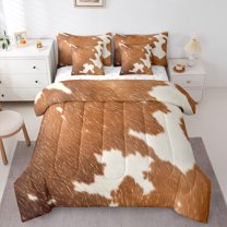 Manfei Cattle Hide 7 Pieces Bedding Comforter Set,Rustic Farm Animal Full Bedding Set,Brown Beige Fitted Sheet Flat Sheet For Teens,Super Cozy Room Decor