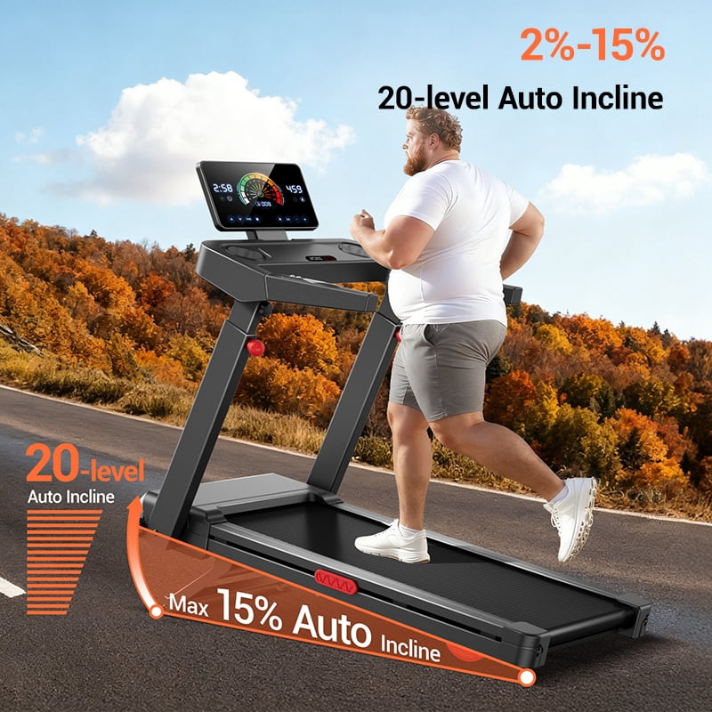 ROBORE 15% Treadmill Auto Incline, Foldable Home Treadmill with 3-Level Adjustable Console and Quiet 3.5 HP Motor, Max. 400lbs