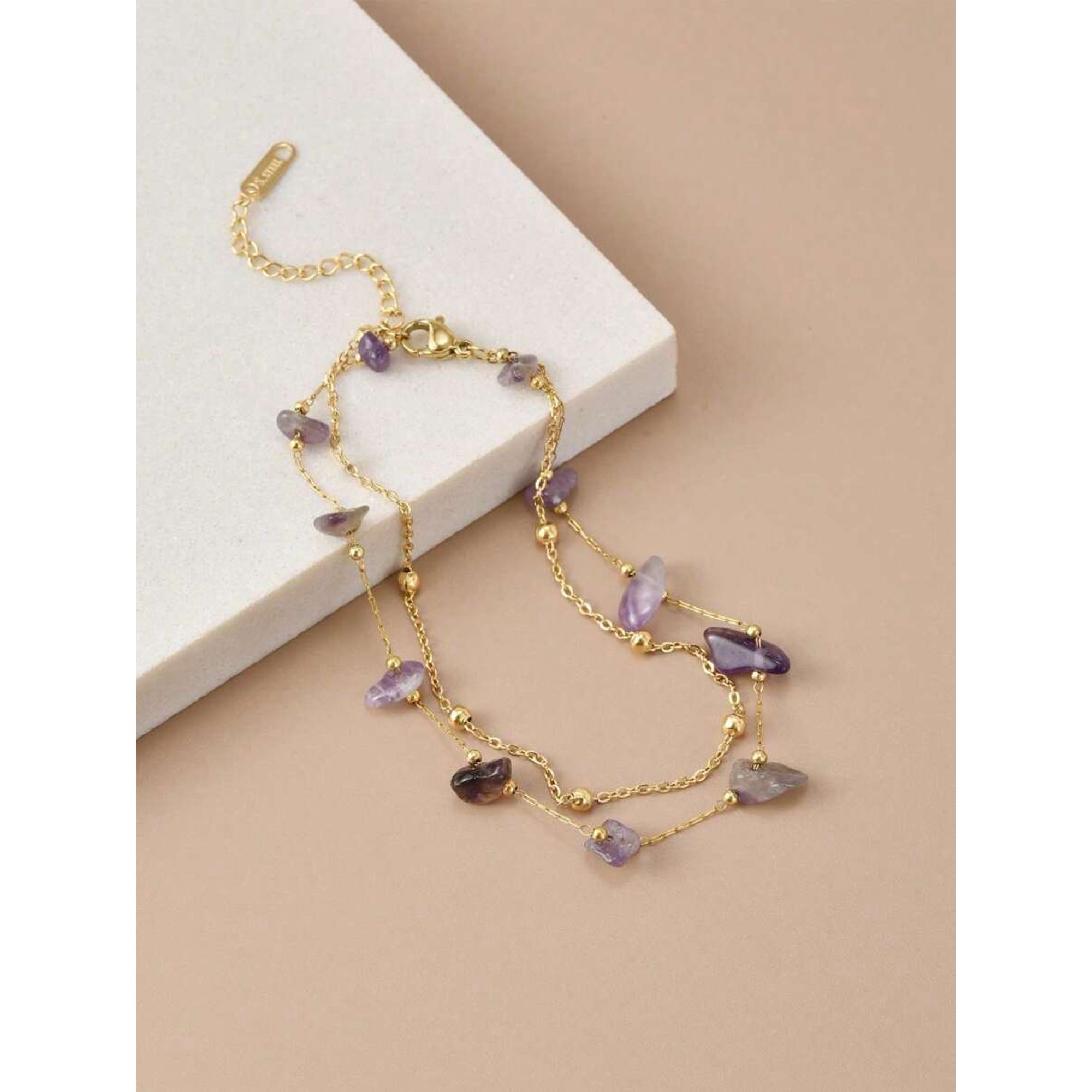 Double Strand Amethyst Stone Anklet in Yellow Gold Finish