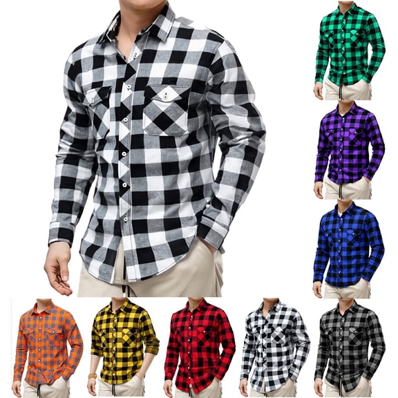 Dwellite Plaid Shirt for Men Big and Tall Button Down Long Sleeve Shirts Casual Daily Fall Spring Shirts with Pockets White S