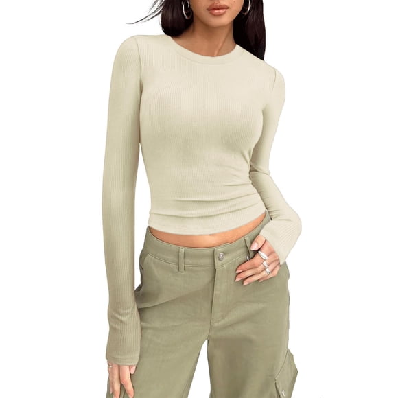 AherBiu Going out Top for Women Long Sleeve Shirts Crew Neck Basic Fall Crop Tops Casual Slim Fitting Fashion 2024 Blouses