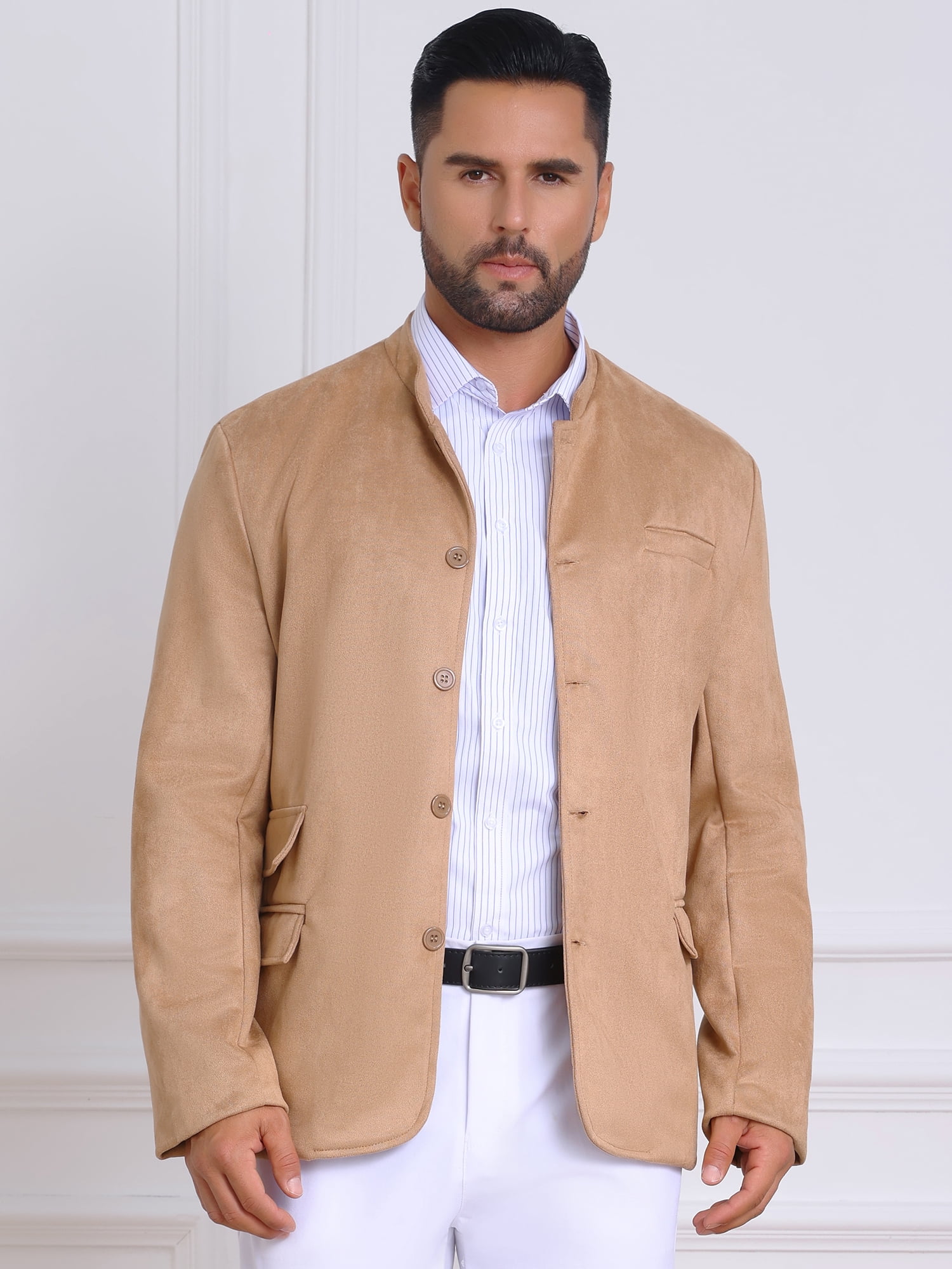 DARING DIVA Men's Suit Jacket Stand Collar Single Breasted Suede Blazer XL Khaki