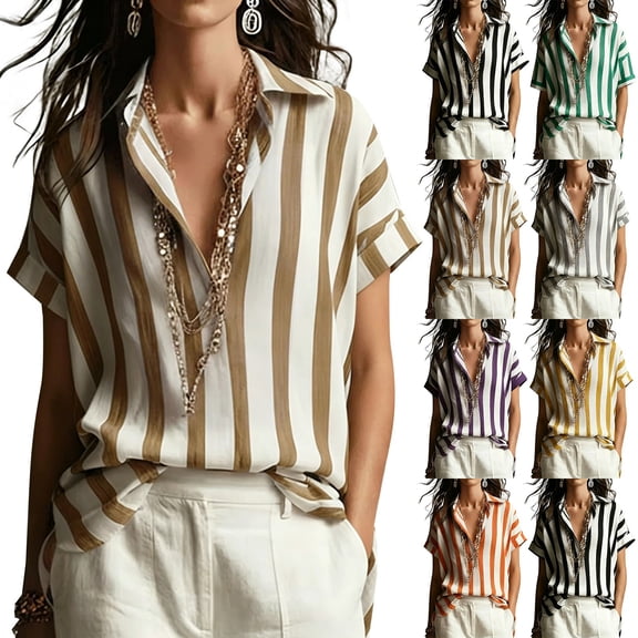 Endives Boho Tops For Women Striped Short Sleeve Shirt V Neck Loose Fit Blouses Collared Business Casual Outfits for Women Going Out Top Summer Trendy Orange M