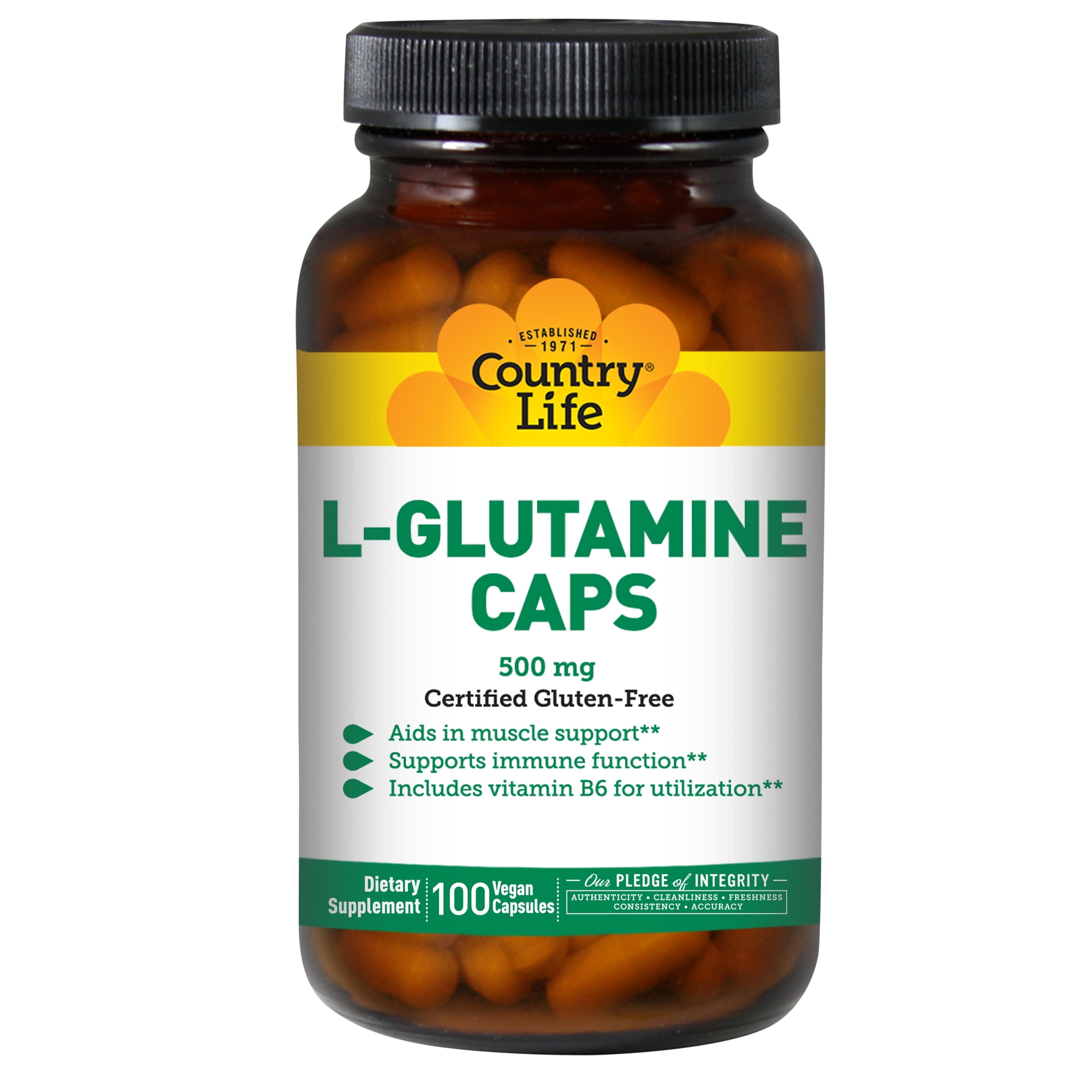 Country Life L-Glutamine 500 mg with B6, Supports Muscle Recovery, Endurance & Athletic Performance, Vegan, Gluten-Free, Kosher Amino Acid Supplement, 100 Capsules