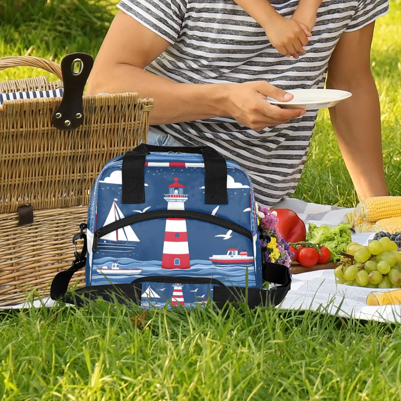 Herdesigns Lighthouse Lunch Bag for Women Men Adult, Ocean Beach Theme Large Insulated Reusable Lunch Box Leakproof Portable Cooler Tote Bags for Work Picnic Beach