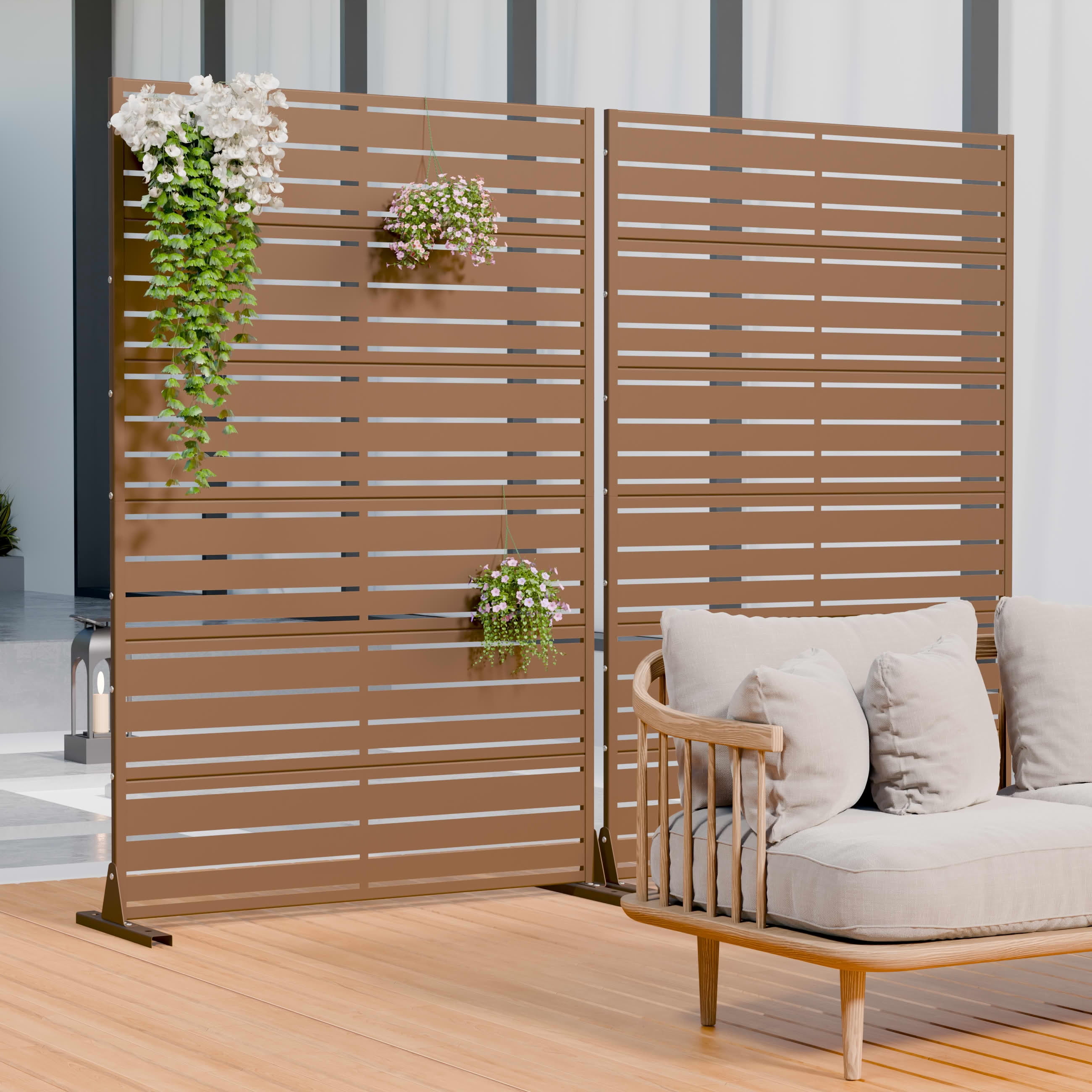 MAYEERTY 2-Piece Outdoor Metal Privacy Screen 6ft × 4ft Brown, 6-Panel Wide-Narrow Louvered, Rust-Resistant for Garden