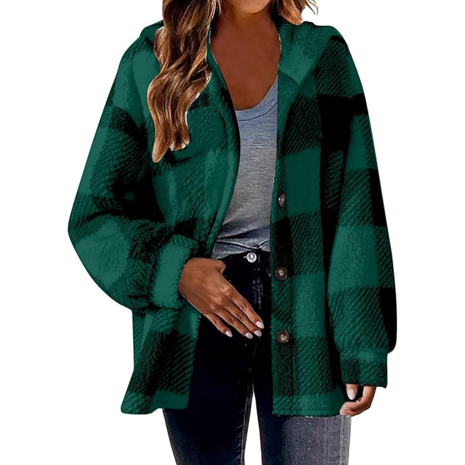 lcziwo Holiday Sales Oversized Plaid Flannel Jacket for Women Button Down Long Sleeve Hooded Shacket 2024 Fall Winter Lightweight Going Out Hoodies,Army Green,M