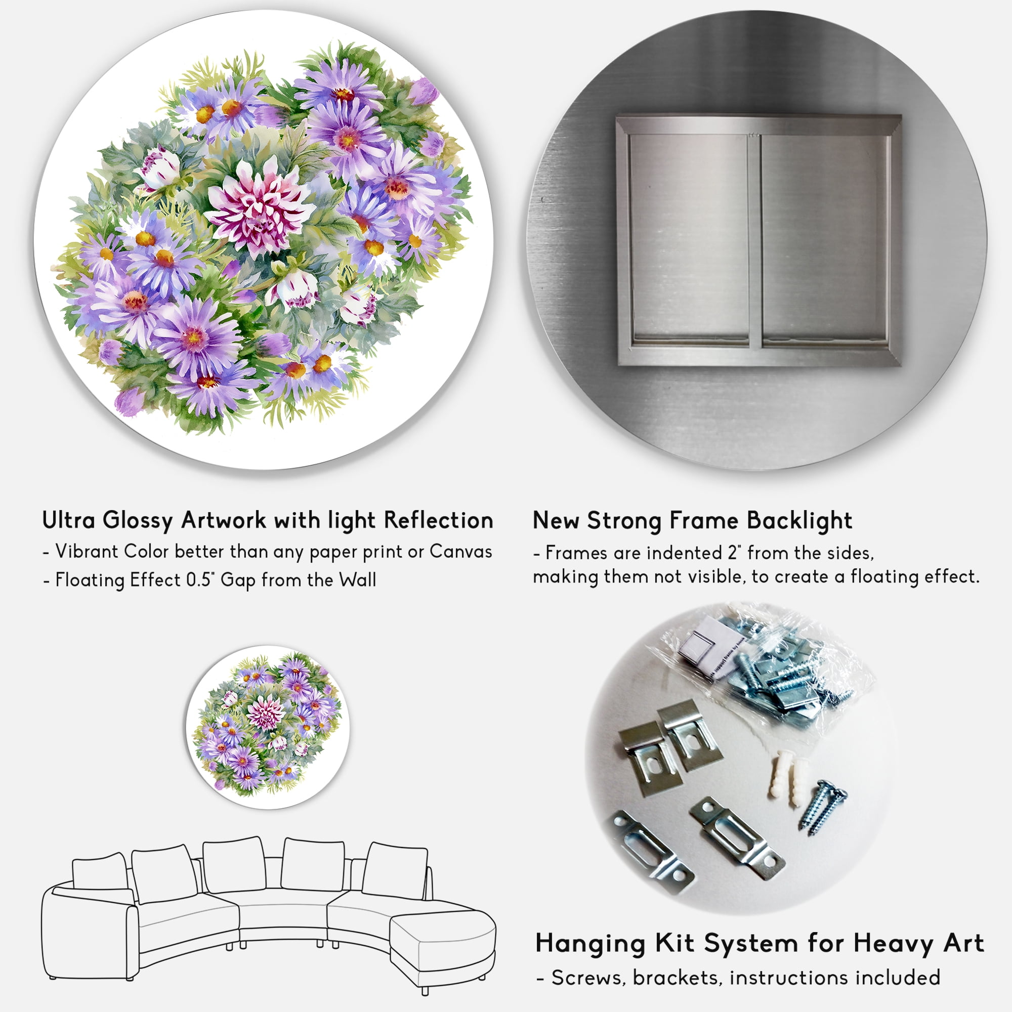Designart 'Bouquet With Daisies and Purple Chrysanthemums' Traditional Circle Metal Wall Art 29x29 - Disc of 29