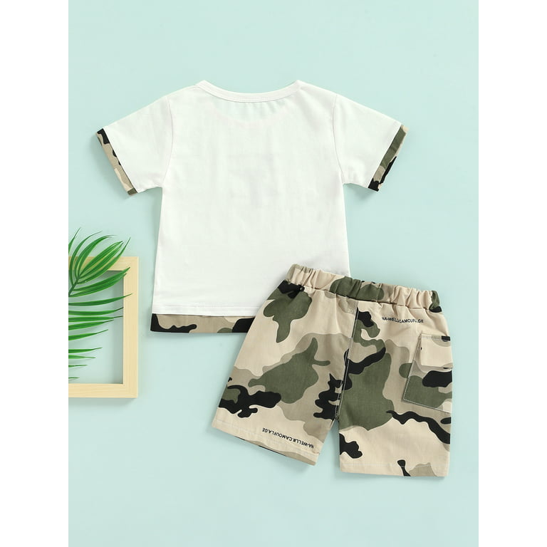 Little Boy Camo Shorts Set Short Sleeve Alpha Print T-Shirt + Camouflage  Shorts Summer Casual Outfits 