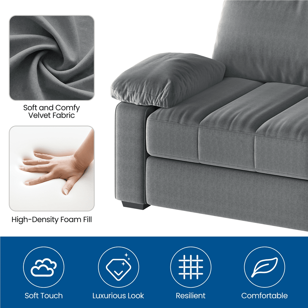 Renwick 2 Seater Velvet Sofa Couch with Pillow Top Arms & USB Charging Ports, Gray
