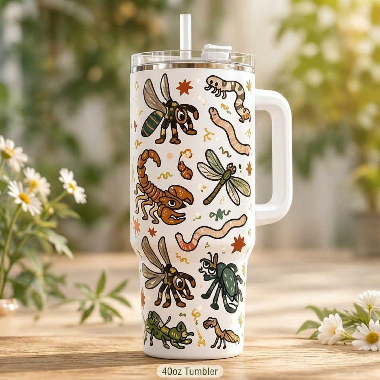 Bug Lover 40oz Tumbler, Colorful Garden Critter Travel Mug, Cottagecore Gift