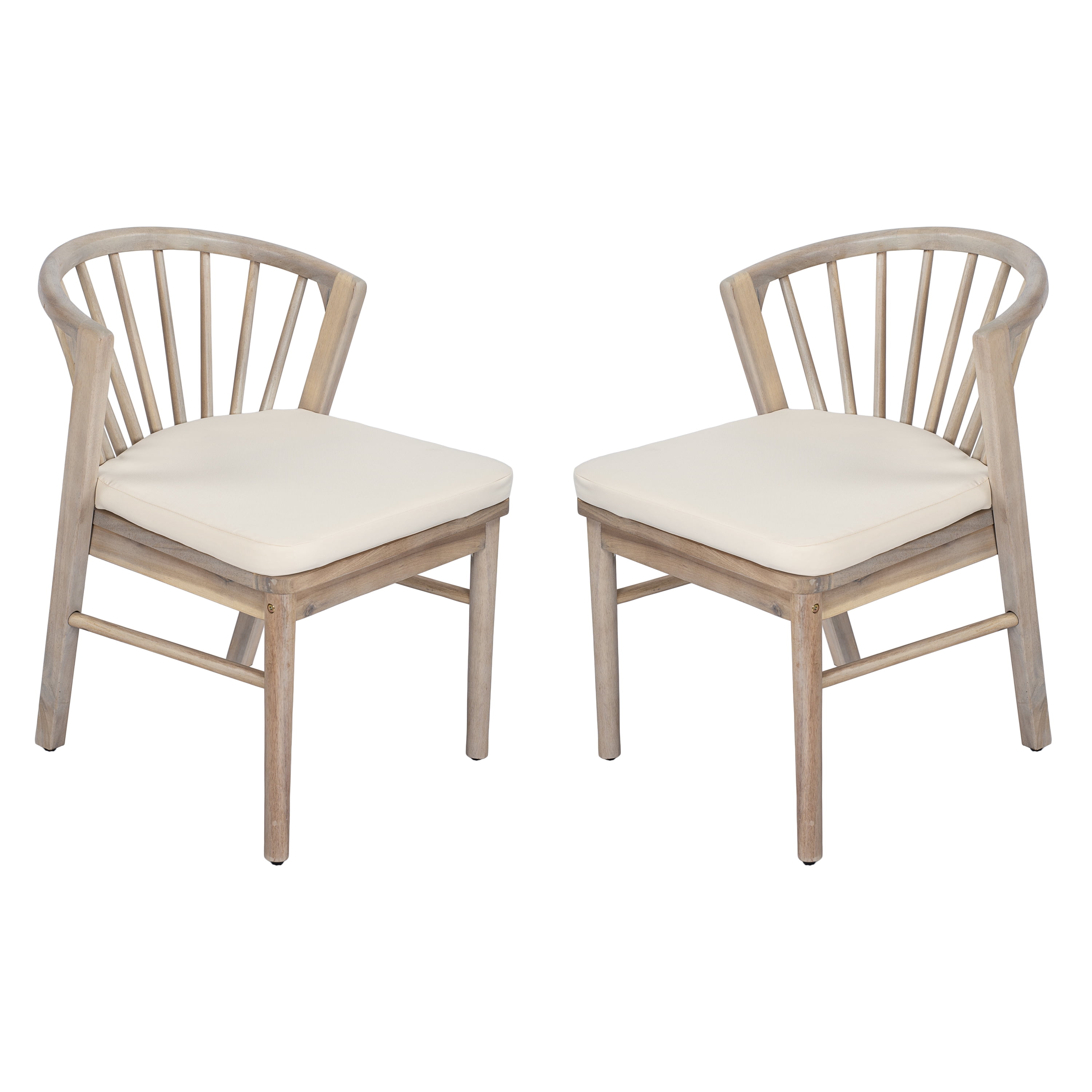 Dining Chairs Set of 2, Outdoor Acacia Wood Chairs with Cream Washable Cushion for Backyard, Light White
