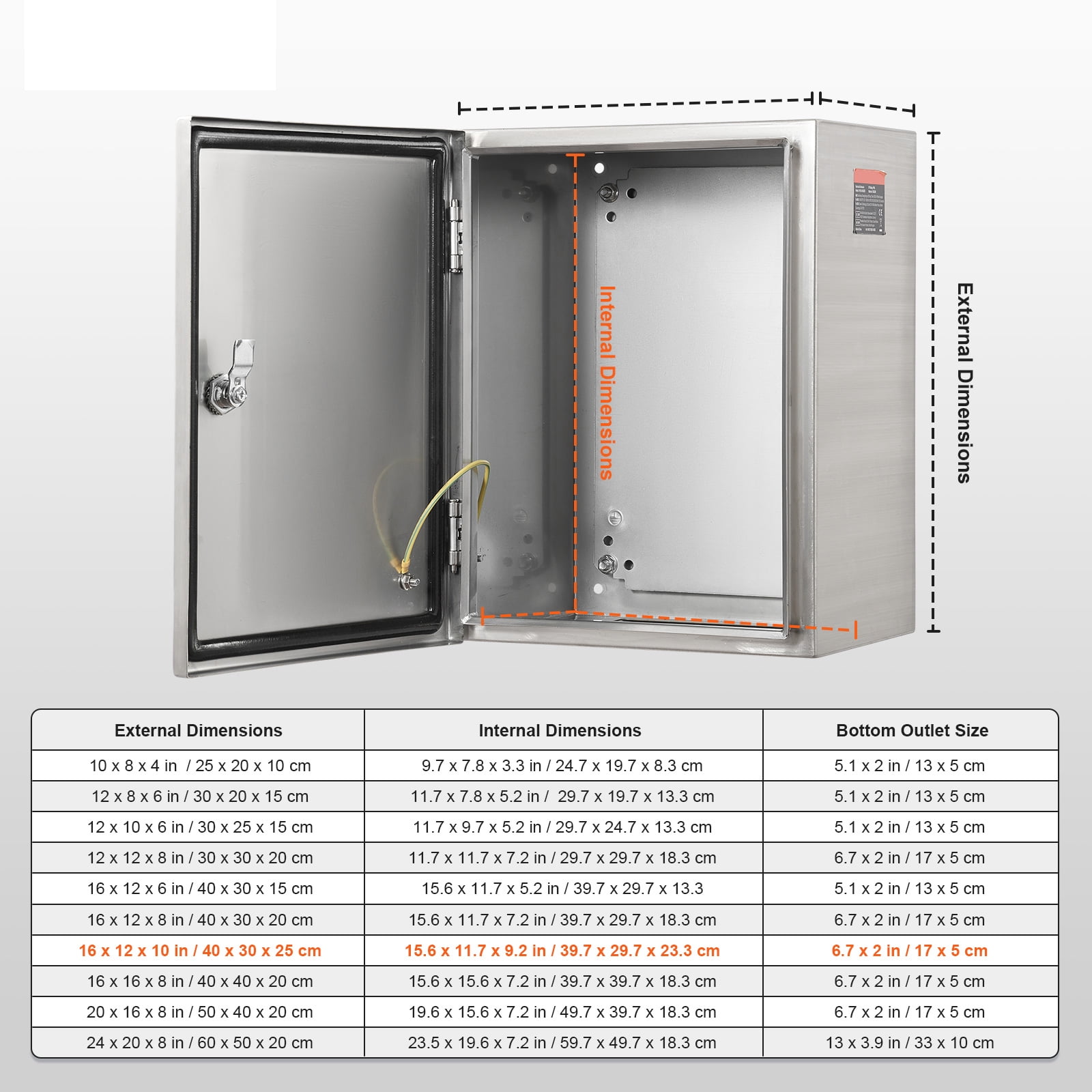 KFFKFF Steel Electrical Enclosure Box, 16"x 12"x 10", 304 Stainless Steel Wall-Mounted Outdoor Equipment Housing with Mounting Plate, Hinges, and Lock, IP66 Weatherproof