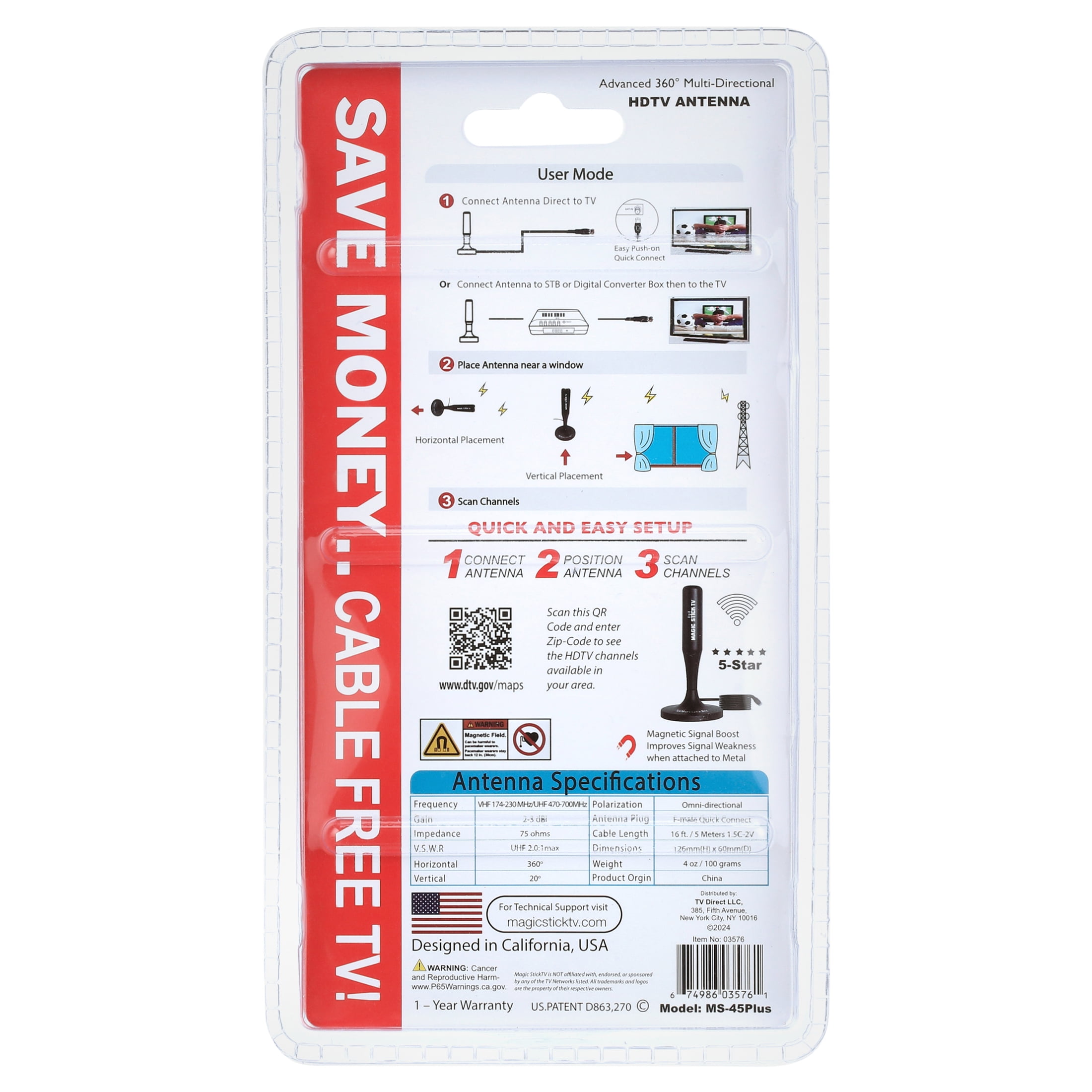 (2 pack) TV Direct Magic Stick Indoor TV Antenna – 4K-Ready Indoor Antenna with 16 ft Cable, 50+ Mile Range for Free HD Channels