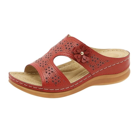 

Sandals Women Flowers Slope Heel Roman Sandals Fashion Shoes Pu Red 41