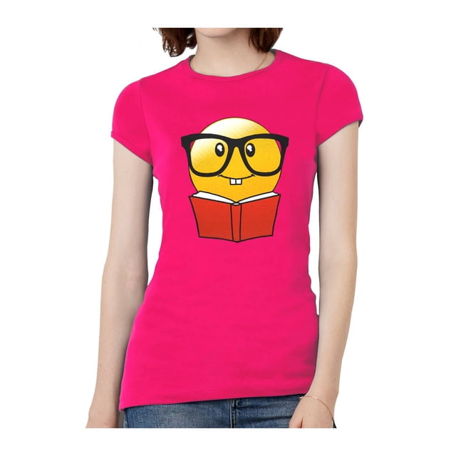 Womens Emoji Reading Book Short-Sleeve T-Shirt - Hot Pink - Medium