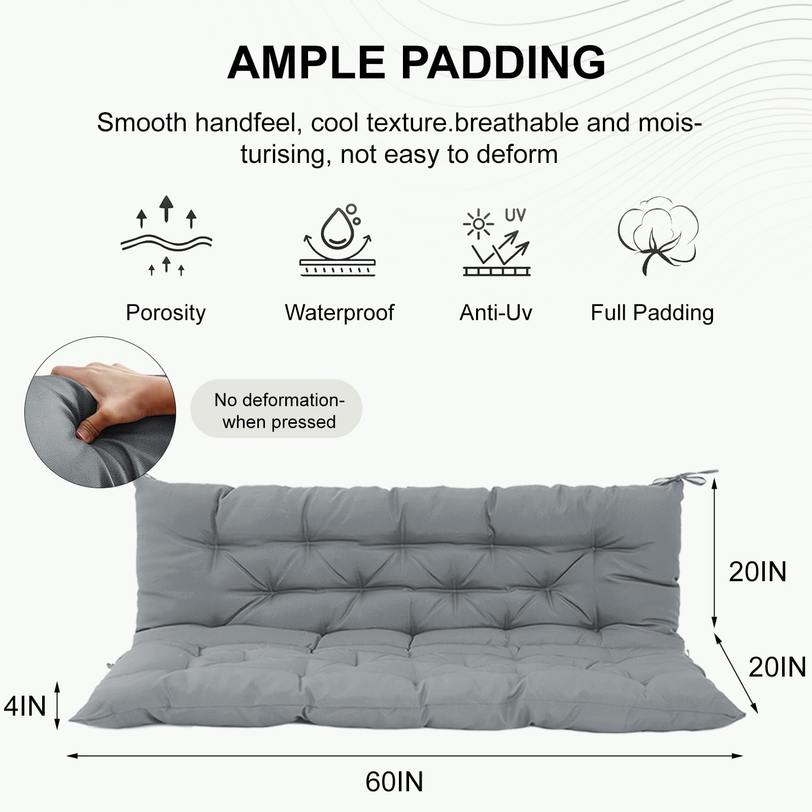 60in Outdoor Swing Cushions, Waterproof 4" Thick Porch Swing Cushion Replacement with Backrest and Ties, Comfortable 2-3 Seat Pation Swing Pad for Backyard, Garden, Lawn, Outdoor Furniture