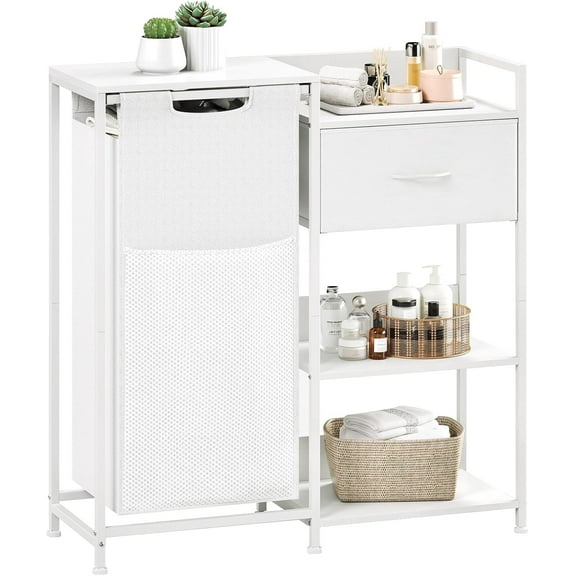 Laundry Hamper with Fabric Drawer and Shelves, Laundry Basket Sorter with 15.8 Gallons (60L) Pull-Out and Removable Bag, White