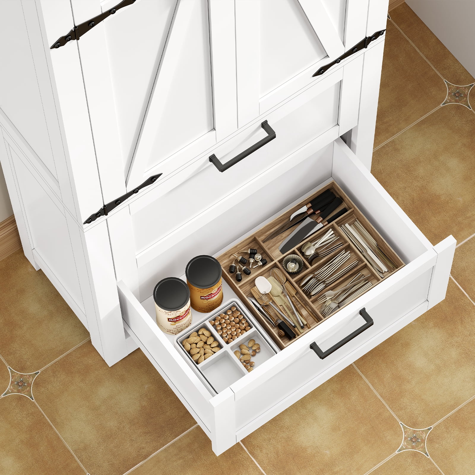 TEENFON 66.2" H Storage Cabinet with 2 Drawers, Farmhouse Kitchen Pantry Cabinet with 2 Doors & Adjustable Shelf, Handbag Storage Organizer, for Living Room, Kitchen, Bedroom, White