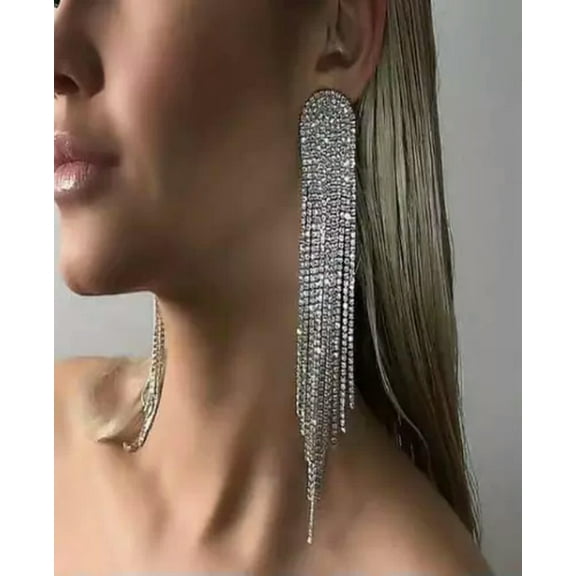 HOOUN Clear Rhinestone Dangle Pierced Earrings Extra Long Tassel Silver Toned Drop New