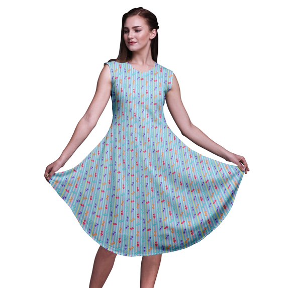 Bimba Blue Heart Stripe Printed Ladies Sleeveless Round Neck Summer Dress Casual Wear-Small