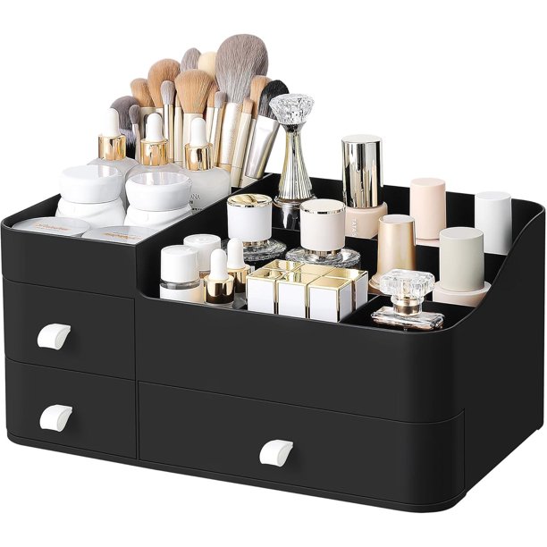YBQF Makeup Organizer for Vanity,Large Countertop Organizer with Drawers,Dresser Bathroom Cosmetics Organization and Storage for Perfume Skin Care Nail Polish Brushes Eyeshadow Lipstick(Blac